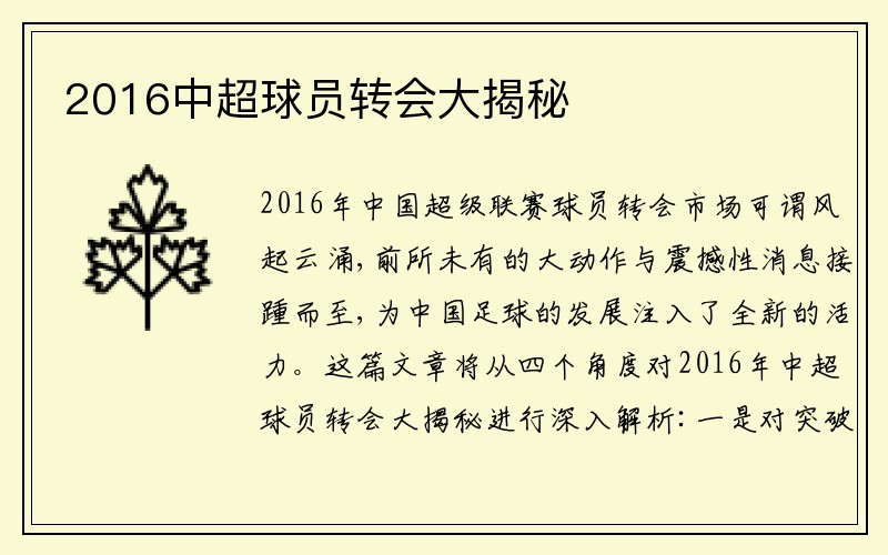 2016中超球员转会大揭秘