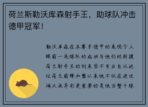 荷兰斯勒沃库森射手王，助球队冲击德甲冠军！